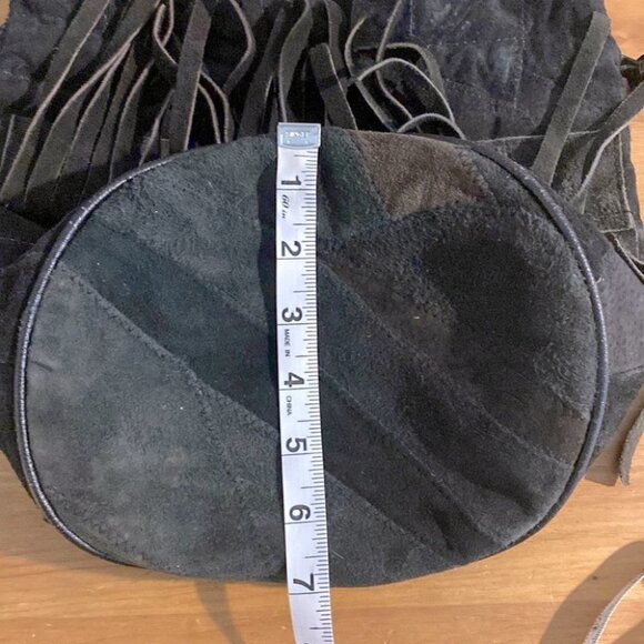 Vintage Leather Patchwork Black Brown Colour Block Bucket Bag Purse With Fringe - Picture 11 of 12